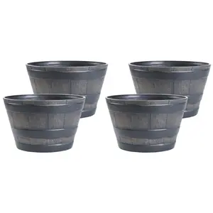 212 MAIN 8x13x13" Rustic Wood Look Brown Plastic Half Barrel Flower Pot Bucket Planter with Raised Base, Round Form - Pack of 4