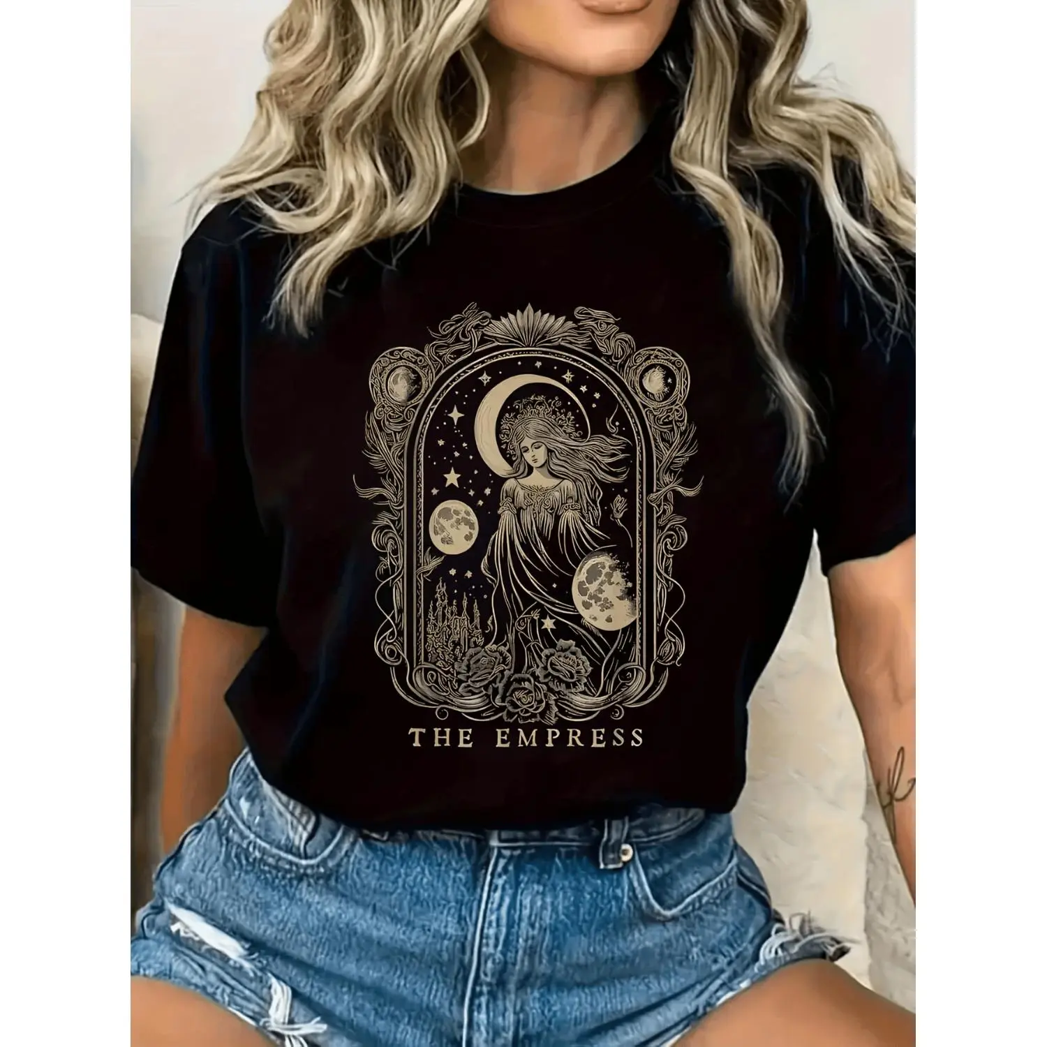 Vintage Women's The Empress Tarot Card Print Celestial Tee Featuring Moon and Stars Design Crafted from 100 Polyester Knit Fabric Casual Crew Neck