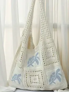 Women's Summer Beach Tote Bag - Crochet Design With Sea Turtle Pattern, Large Capacity Open-Top Tote, Beige Polyester, Suitable For Casual Outings And Coastal Vacations, Beach Tote Bag, Travel Accessory, Bohemian Fashion, Woven Texture, Spacious Tote Bag