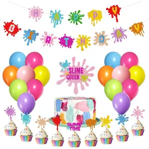 Slime Birthday Party Decorations Kit - Slime Queen Cake Topper Birthday Banner Cupcake Toppers Colorful Balloons for Kids Slime Party Baby Shower Party Supplies