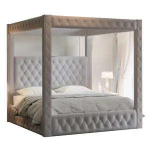 [SummerVibes]AMERLIFE Canopy Bed Frame with 74.8" Tall Four-Post Design and 51.2" Deep-Tufted Velvet Upholstered Headboard with Charging Station/Modern Light-Luxury Style/No Box Spring Needed