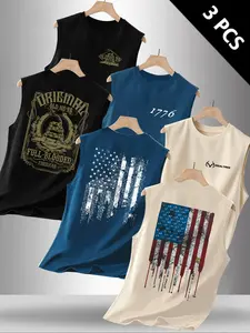 Summer Men's Casual Sleeveless Vest Tank Top, Sleeveless Shirt, Flag Letter Print, Outdoor Sports Wear, Daily Versatile, 3 Pack, Fitted Style