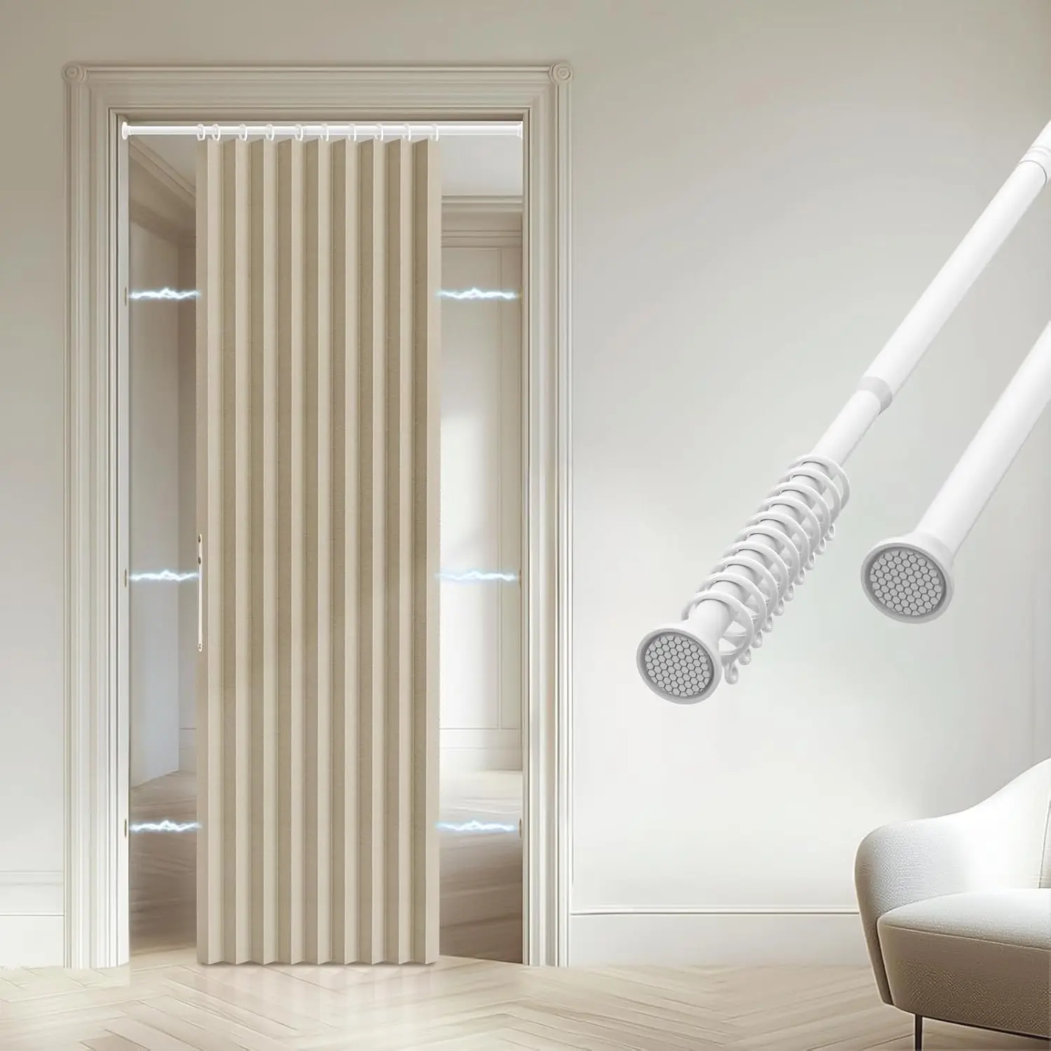 Accordion Door - 100% Light-Blocking Bedroom Door with Included Rod for Easy Installation, Suitable for Doorway Privacy Beige 43" W x 78" L