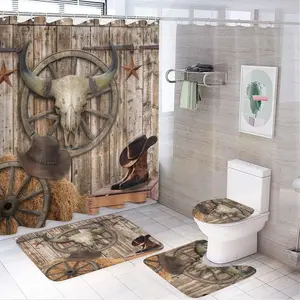 Star Print 4 Pcs Waterproof Shower Set,Rustic Wooden Board Cowboy Boots Wheel Cow Skull with Waterproof Cover Shower Mat Rugs