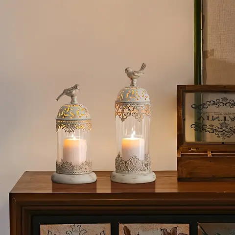 Decorative 2-Pc Vintage Metal Hurricane Candle Holder Sets - Moroccan Wrought Iron Ethnic Pattern Candleholder, Beige Tabletop Candelabra for Vintage Home Decor, Garden (Candles Not Included)
