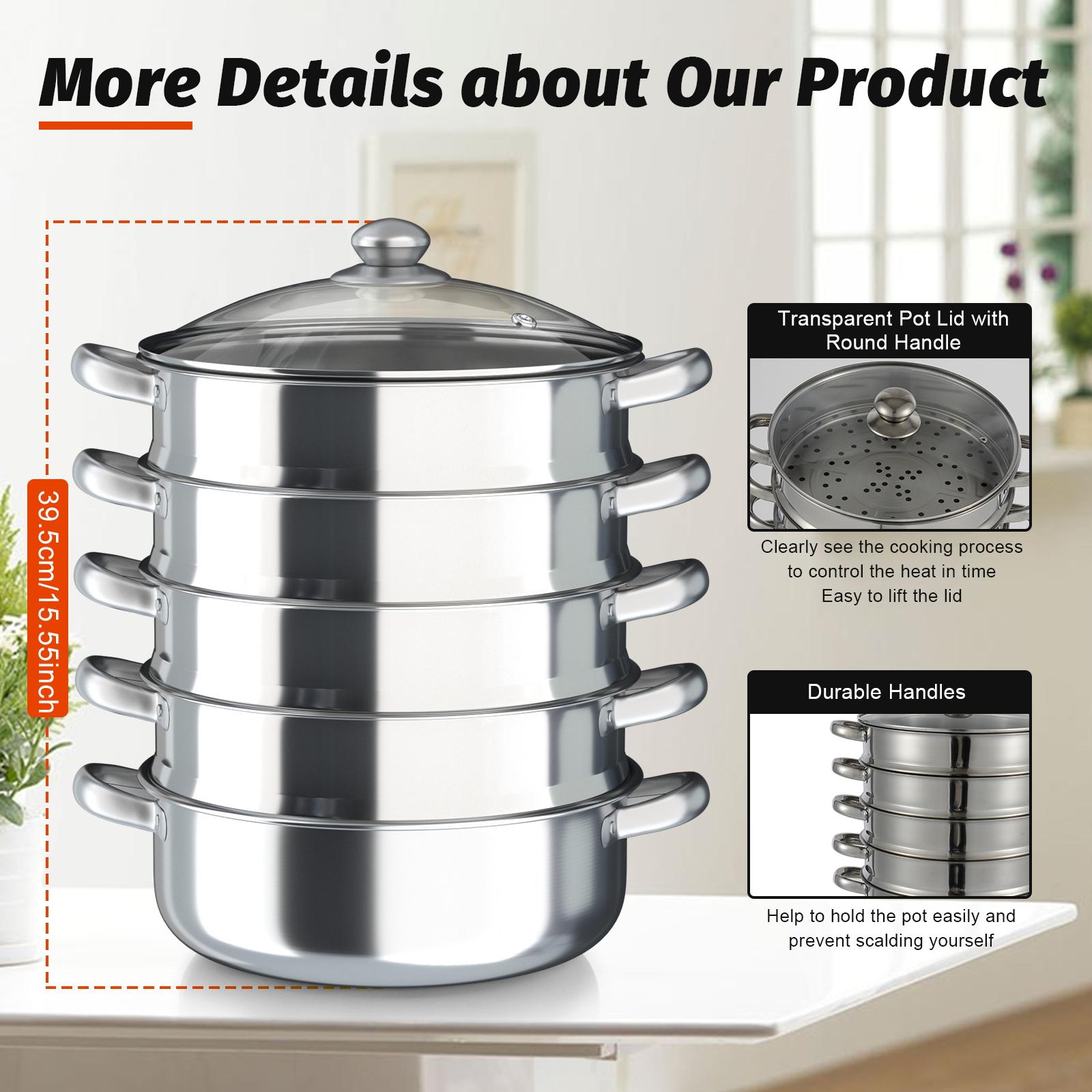 5 Layer Stainless Steel Steamer Pot 30cm Large Capacity Multi Tier Steamer with Transparent Lid Anti Heat Handles Even Heating for Vegetables Seafood Dumplings Home Commercial Use