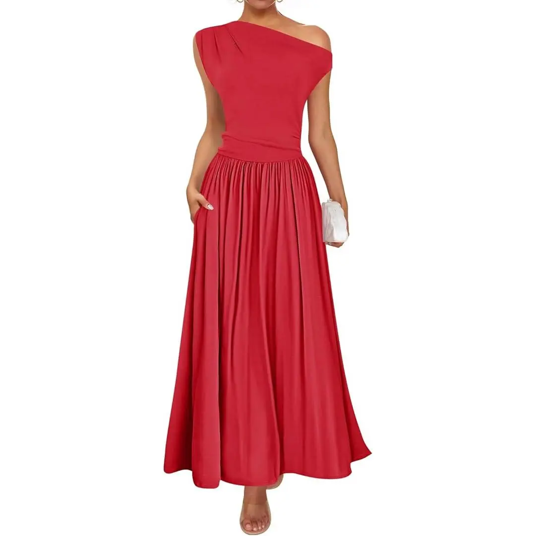 ZESICA Women's Summer 2025 Sleeveless Maxi Dress One Shoulder Casual Slim Swing Pleated Formal Dresses with Pockets ZESICA Women's Summer 2025 Sleeveless Maxi Dress One Shoulder Casual Slim Swing Pleated Formal Dresses with Pockets