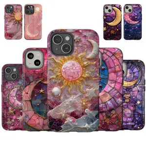 Pink Celestial Sun Moon Stars and Stars Clouds Phone Case, Faux Stained Glass Aesthetic For iPhone 17 16 15 14 13 12 11