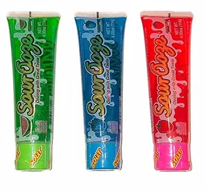 Sour Ooze Tubes, Oozing Delicious Flavor, - 1 Watermelon, 1 Strawberry, 1 Blue Raspberry, 4oz (3 Pack)