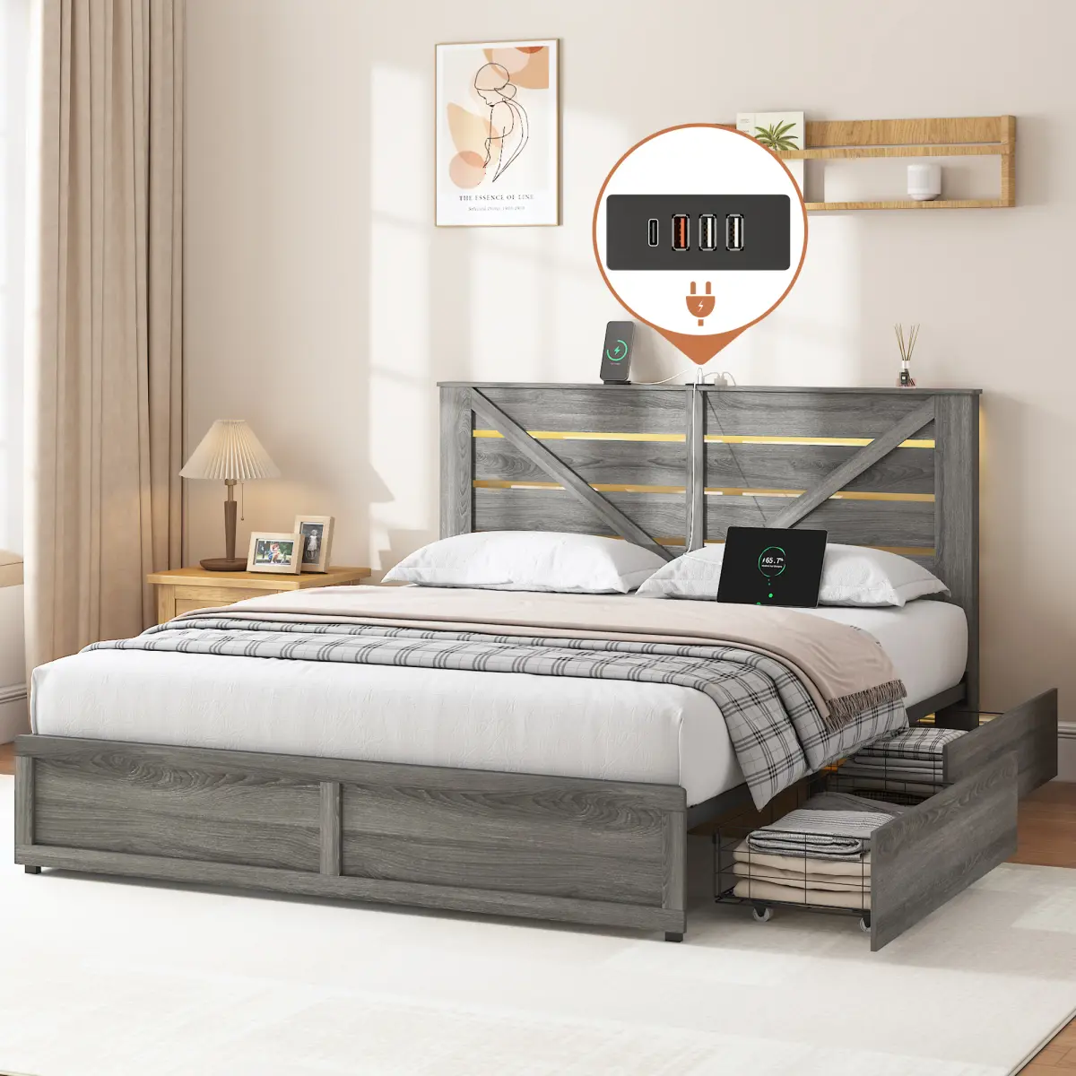 [Bellemave]Full/Queen-size Storage Bed Frame with Storage Headboard (4 Storage Drawers on Bed Body + LED Lighting) – Anti-slip & Noise-free Metal Mattress Support Platform + Sturdy Metal Slat Base, Grey