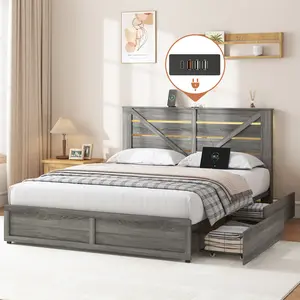 [Bellemave]Full/Queen-size Storage Bed Frame with Storage Headboard (4 Storage Drawers on Bed Body + LED Lighting) – Anti-slip & Noise-free Metal Mattress Support Platform + Sturdy Metal Slat Base, Grey