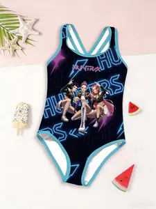 Girls' Neon Cyberpunk Print Swimsuit, Cross Strap One-Piece Bright Swimwear, Summer Beach Pool Essential, Casual Fitted Jumpsuit