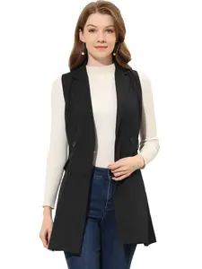 INSPIRE CHIC Women's Sleeveless Blazer Work Double Breasted Lightweight Belted Long Vest Trench Coat