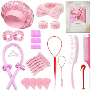 28-piece heatless curling tool set: sleep styling foam stick for big waves + hair scrunchie + face wash headband + powder puff + comb; easy for beginners