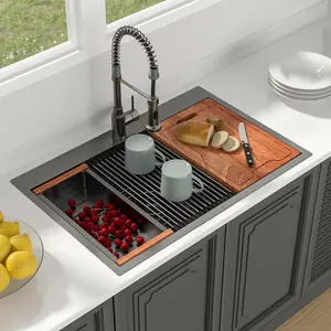 Lordear 33"x22" Gunmetal Black Drop-in Kitchen Sink T304 Stainless Steel Workstation Sink with Two Faucet Hole, Cutting Board, Colander Drain