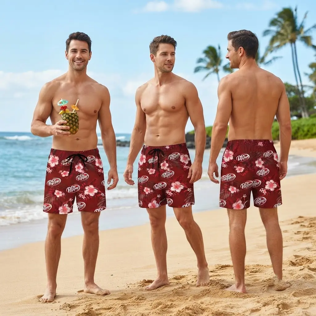 Dr Pepper Tropical Hibiscus Hawaiian Beach Shorts