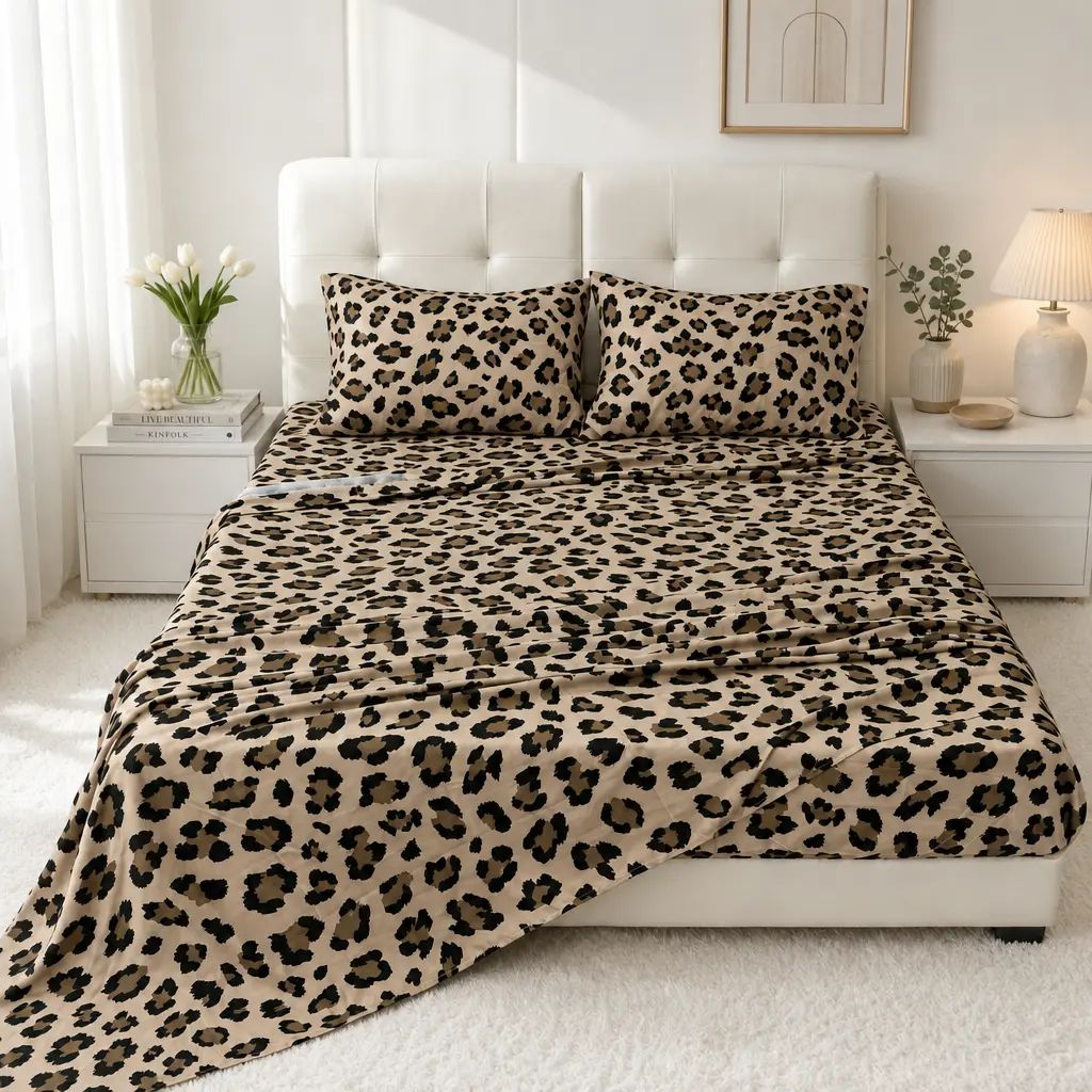 JOLLYVOGUE Leopard Print Fitted Sheet and Fitted Sheet Set (4-Piece), Extra Deep Pockets (14 inches), Soft Microfiber Bedding, Stylish and Cool Summer Set, Wrinkle-Resistant