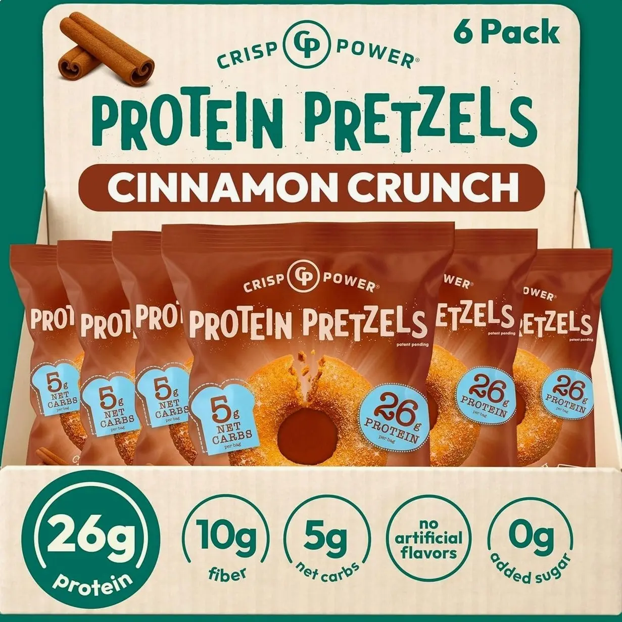 Protein Pretzels, NEW Cinnamon Crunch, 26G Protein, High Protein Snack, High Fiber, Low Carb Crunchy Pretzel Snacks, No Added Sugar, 1.75 oz Bags, 6 Pack, Vegan, Keto