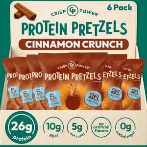 Protein Pretzels, NEW Cinnamon Crunch, 26G Protein, High Protein Snack, High Fiber, Low Carb Crunchy Pretzel Snacks, No Added Sugar, 1.75 oz Bags, 6 Pack, Vegan, Keto