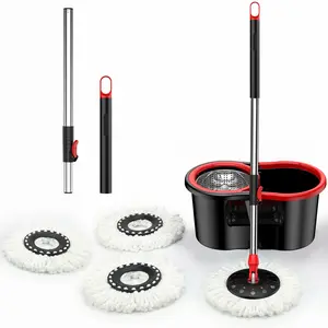 Stainless steel rotating mop set, includes 3 replacement mop heads and an extendable handle, for easy cleaning, with a rotating design. Black and red two-tone mop bucket set. Rotating Spin Mop Bucket Setcedar mop