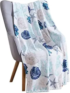 Ocean Life Coastal Throw Blanket: Soft Plush Velvet Fleece Calming Hues of Blues Beige on White, Accent for Sofa Couch Chair Bed or Dorm (Coastal Shells)