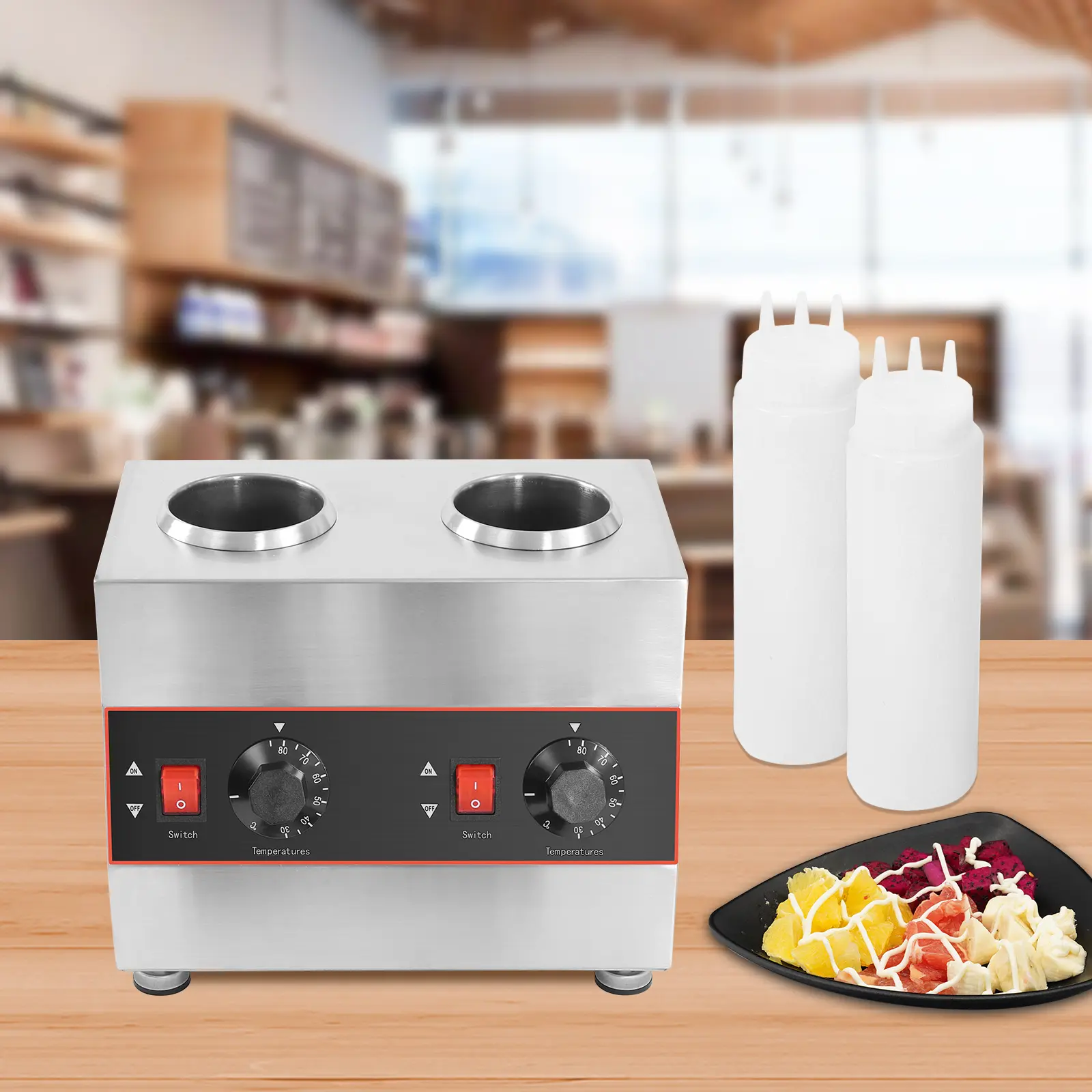 Stainless Steel Electric Chocolate Sauce Warmer - 320W Double-Bottle Thermal Control Dispenser with Squeeze Bottles, 30-85℃ Stainless Steel Machine, US Plug for Heating Hot Cheese Sauce, Outdoor Use
