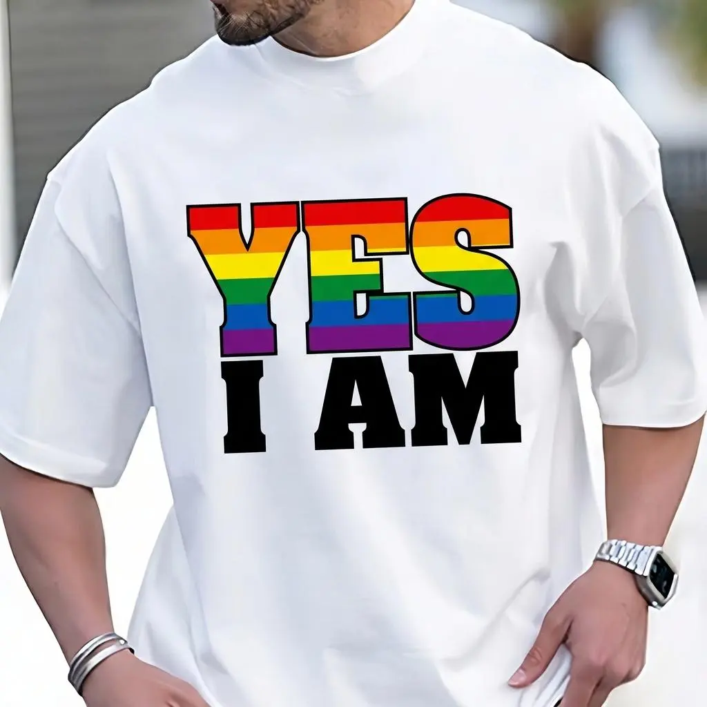 Menswear Unisex Soft Cotton Fabric LGBTQ+ Pride Rainbow Print T-Shirt, Casual Statement Top