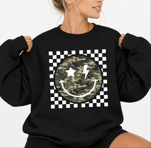 Women's Fitted Long-Sleeve Printed Pullover Sweatshirt - Checkered Camouflage Happy Face, Camo Lightning Smile, Distressed Camouflage Gift Option