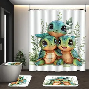 LVRLVR 4Pcs Cute Baby Turtles Watercolor Print Cartoon Whimsical Multi-Color Shower Curtain Set 70.8×70.8 Inch