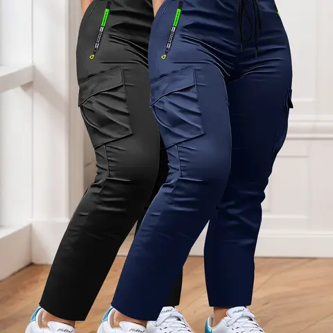 Women’s 2-Pack Lightweight Utility Style Cargo Pants, Drawstring Straight-Leg, Multiple Pockets with Stylish Pull Tabs, Fast Pocket Access, Handsfree Carry, Athletic Casual Fashion for Spring/Autumn