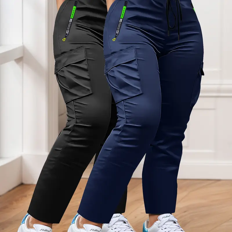 Women’s 2-Pack Lightweight Utility Style Cargo Pants, Drawstring Straight-Leg, Multiple Pockets with Stylish Pull Tabs, Fast Pocket Access, Handsfree Carry, Athletic Casual Fashion for Spring/Autumn