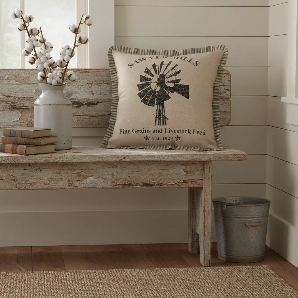 Farmstead Charcoal Windmill Pillow
