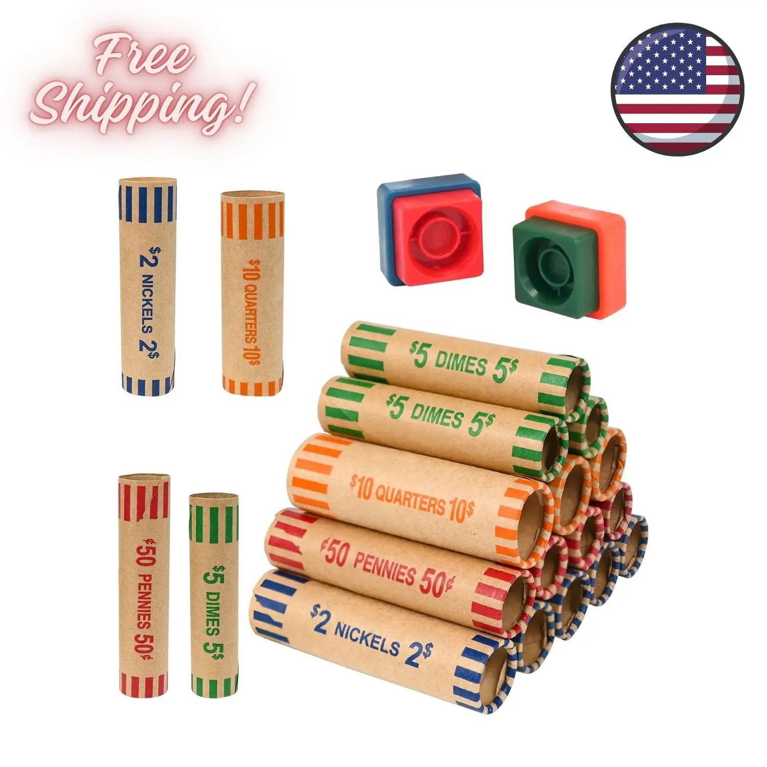 60 Assorted Coin Roll Wrappers with Color Coded Coin Wrapper Crimping Tool