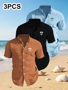 3-Pack Men's Summer Short Sleeve Shirts, Chest Print Design, Lightweight Breathable Solid Stand Collar Button Shirt, Ideal for Beach Poolwear