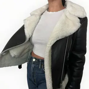 Faux Fur Shearling Lined Vegan Leather Aviator Jacket
