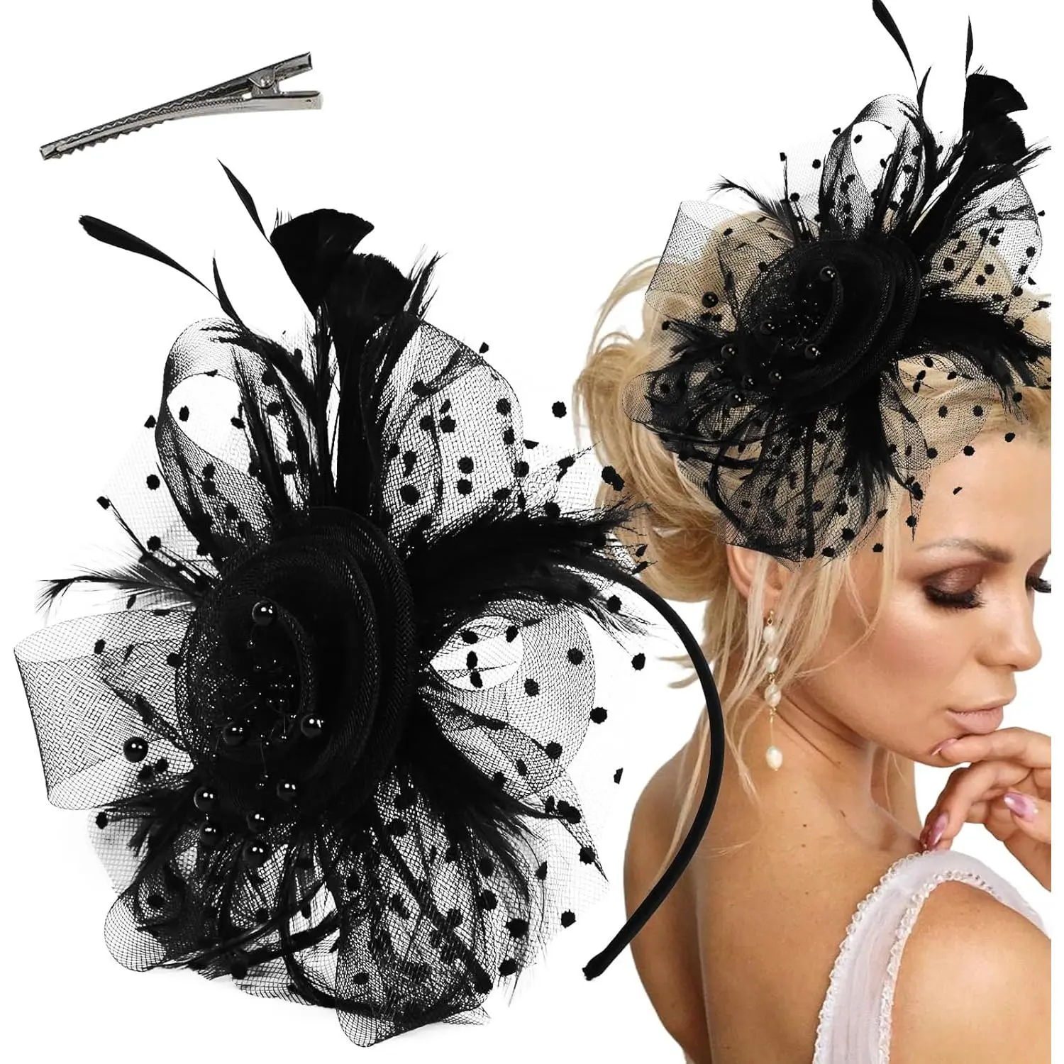 Women's Flower Fascinator Hat with Mesh Netting & Feathers, Vintage Headband and Clip for Tea Party, Derby Race, Halloween Costume, Horse Racing, Flower Motif, One Size Fit