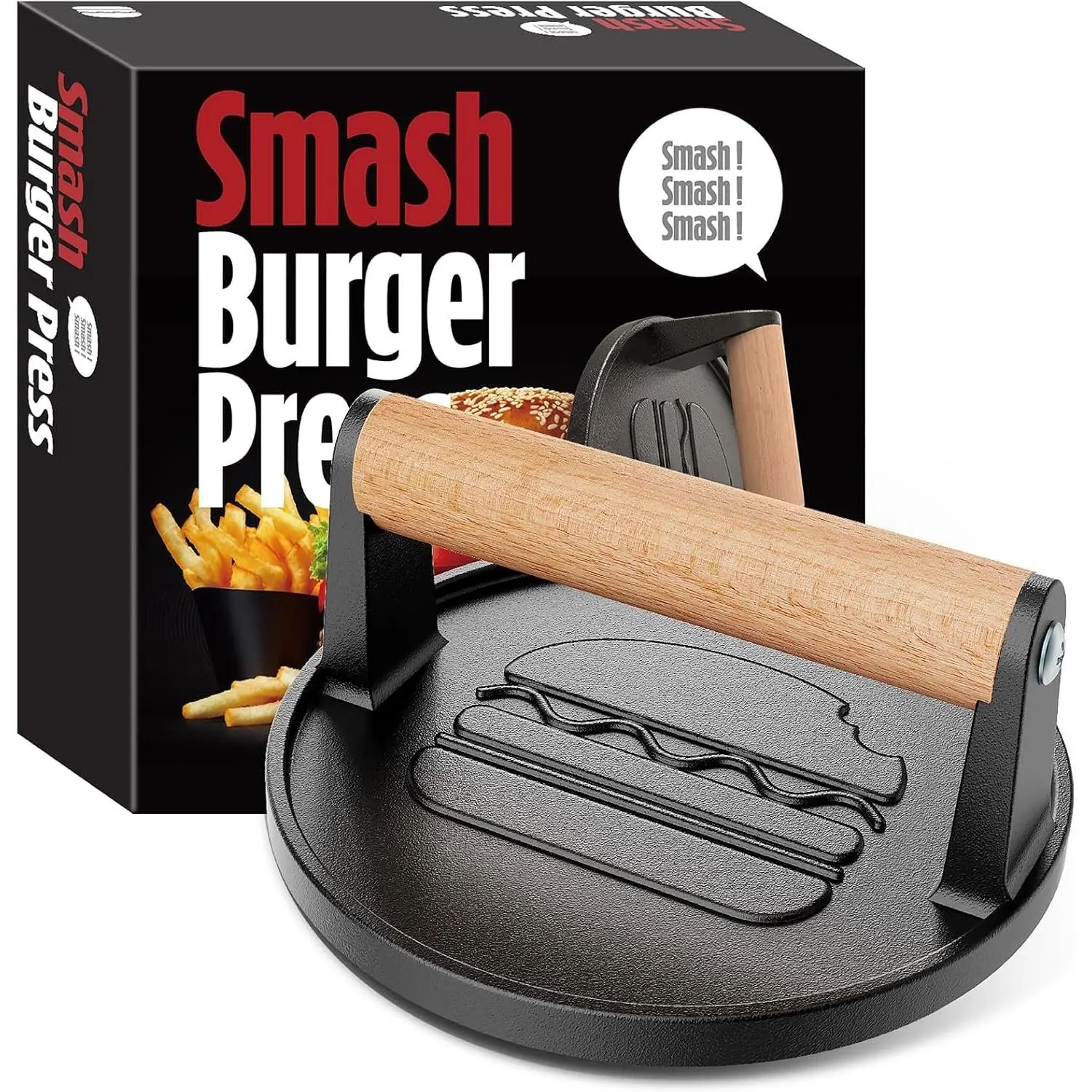 Pre-Seasoned Cast Iron Smash Burger Press - 1.98 lbs Heavy-Duty Kitchen Utensil with 6.6" Wooden Handle, Flat Bottom Design for Kitchen Grilling, Indoor & Outdoor Bacon Meat Smasher