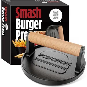 Smash Burger Press, Pre-Seasoned Cast Iron Hamburger Smasher, 2 lb Heavy-Duty Grill Bacon Meat Press Tool with  Handle, 6.6"