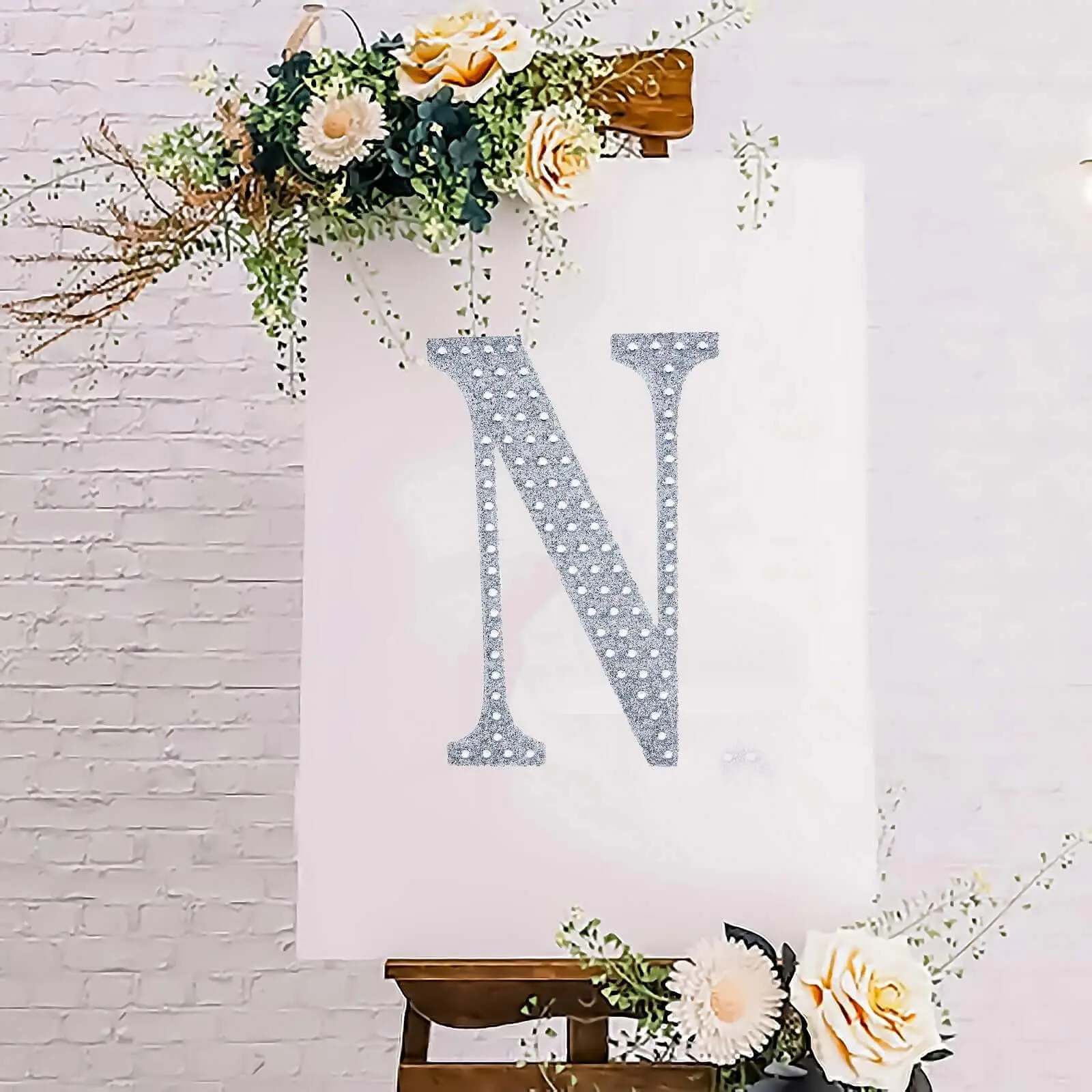 8" Silver Glitter Decorative Rhinestone Alphabet "N" Letter Adhesive Decals - DIY Craft Decal Stickers, Sparkle Embellishments for Scrapbooking, Decal Sticker