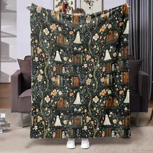 Ultra-Soft Ghost Library Print Fleece Blanket, Perfect for Office & Air Conditioned Rooms, Cozy Bed & Sofa Throw, Halloween Gift Idea