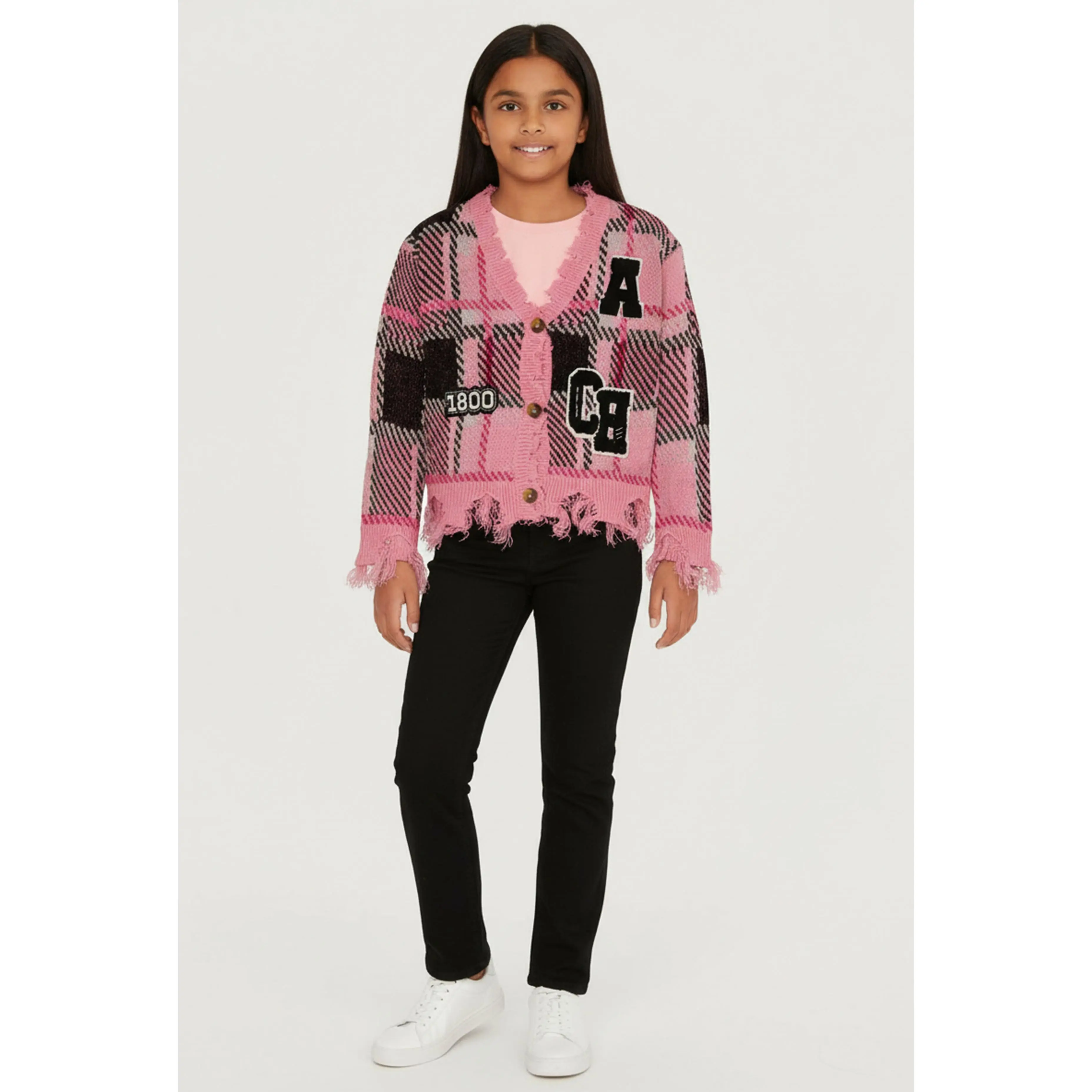Girls Plaid Distressed V Neck Chenille Patch Graphic Cardigan