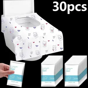 30pcs Disposable Toilet Seat Covers, Toilet Seat Protector, Cute Rabbit and Heart Design, Longer and Wider, Suitable for Public Restrooms, Travel, Airplane Use