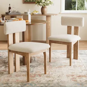 【Set of 2】ABCASA Mid-Century Modern Dining Chairs, Upholstered Natural Wooden Frame Boucle Kitchen Curved Backrest Armless Farmhouse Chair for Kitchen, Dining Room, Bedroom
