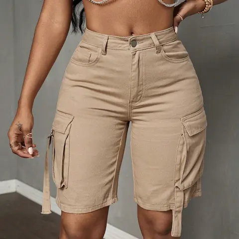 Women's Plus Size Washed Denim Cargo Relaxed Shorts, Workwear Pocket Design, Casual Everyday Summer Wear, Comfortable and Stylish Jeans