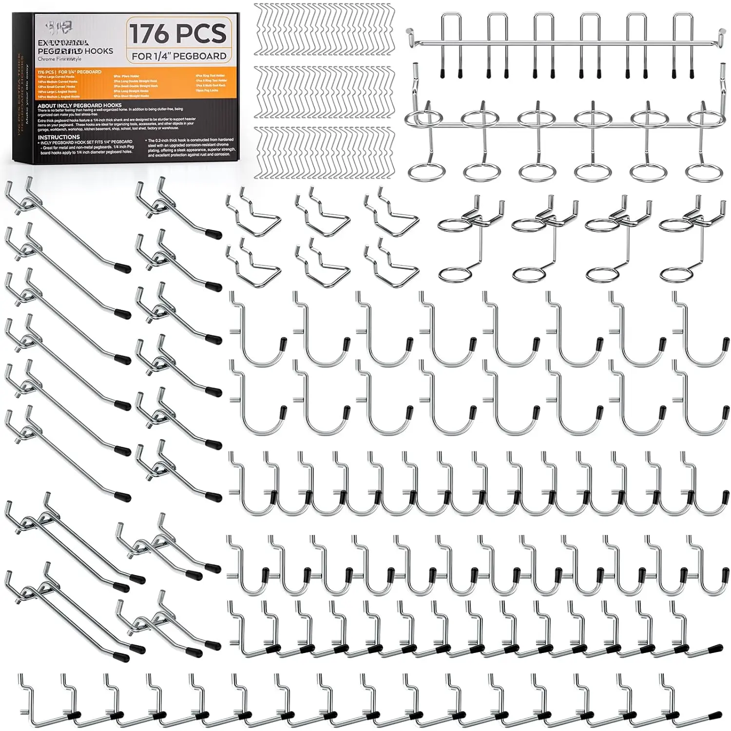 176 count Extra Thick Pegboard Hooks Set, 1/4" Heavy Duty Metal Peg Board Hook Assortment with Peg Lock Pegboard Accessories for Garage Wall Organizer Hanging Tools