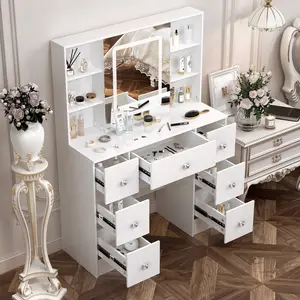 7 Drawers Vanity Desk with Sliding Mirror, Large Makeup Vanity with LED Lights, 3 Lighting Modes, Crtstal Handles Dressing Table with Storage Shelfs