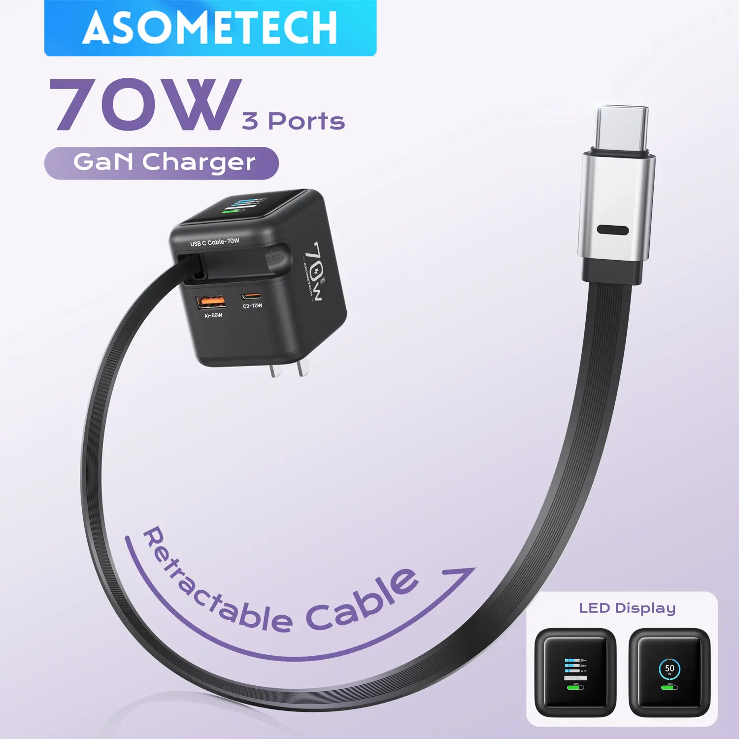 ASOMETECH 70W USB C Charger Block,3 in 1 GaN Charger with Retractable Type C Cable & 2 USB Ports,PD Fast Charging Foldable Travel Wall Charge For MacBook,tablet,iPhone 17 Pro Max,Galaxy S24 Smartphone,Cellphone,Black, Electronic tiktokshopspringglowup tik