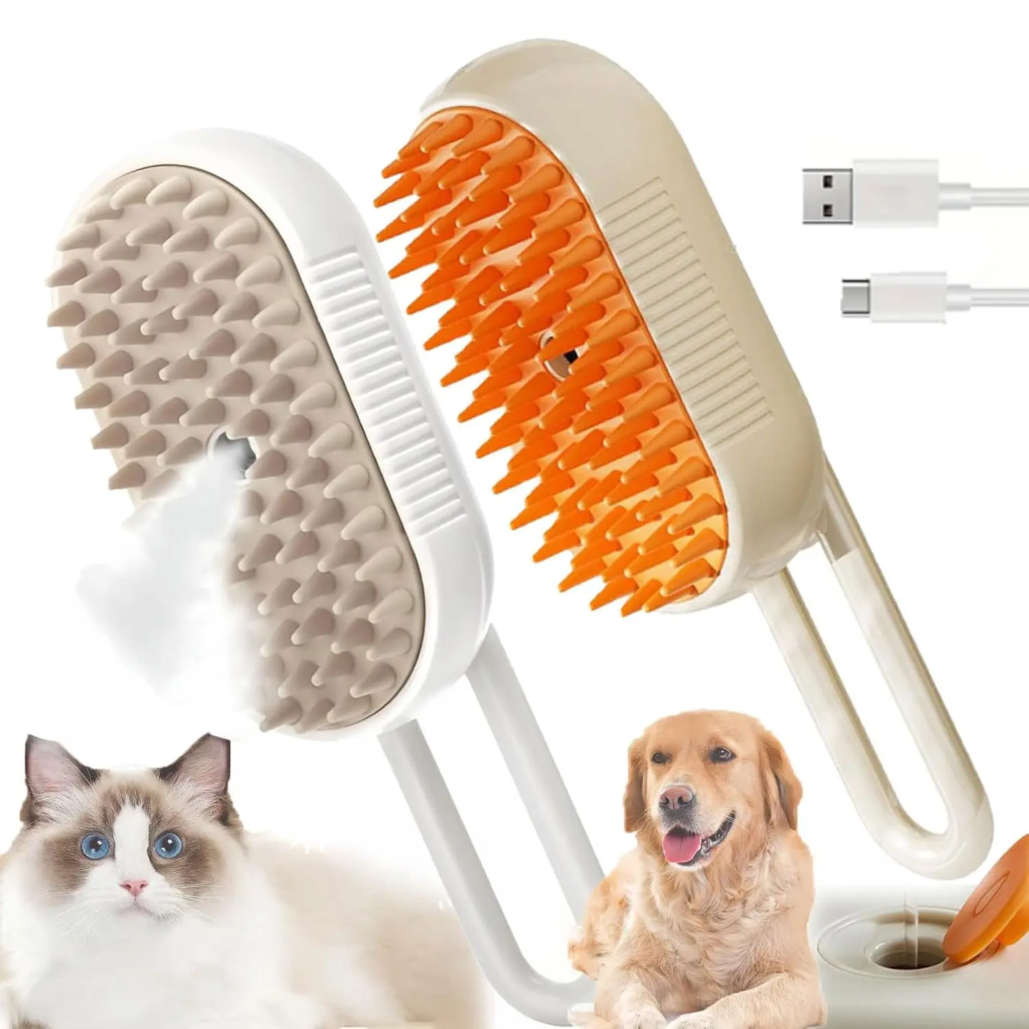 4-In-1 Cat Steam Brush for Shedding, Pet Hair Cleaning Comb with Spray Function, Comfortable Handle, Easy to Use, Suitable for Long & Short Fur Cats, Fur Removal Tool
