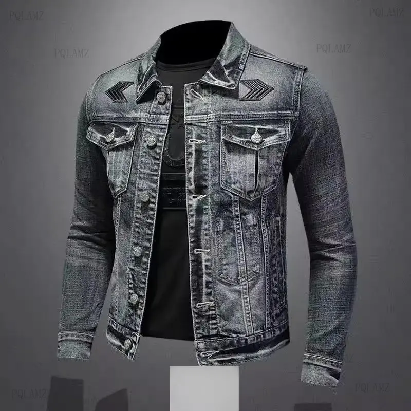 2025 Men's Vintage Denim Jacket High Street  Loose Street Riding Biker Clothing Handsome Casual Buttoned Lapel Men's Clothing Streetwear Long Sleeve