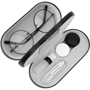 Double Eyeglass Case, Contact Lens Case with Mirror Tweezers Remover, 2 in 1 Double Sided Portable Contact Lens Box Holder Container Soak Storage Kit Sunglasses Pouch for Men & Women, Black